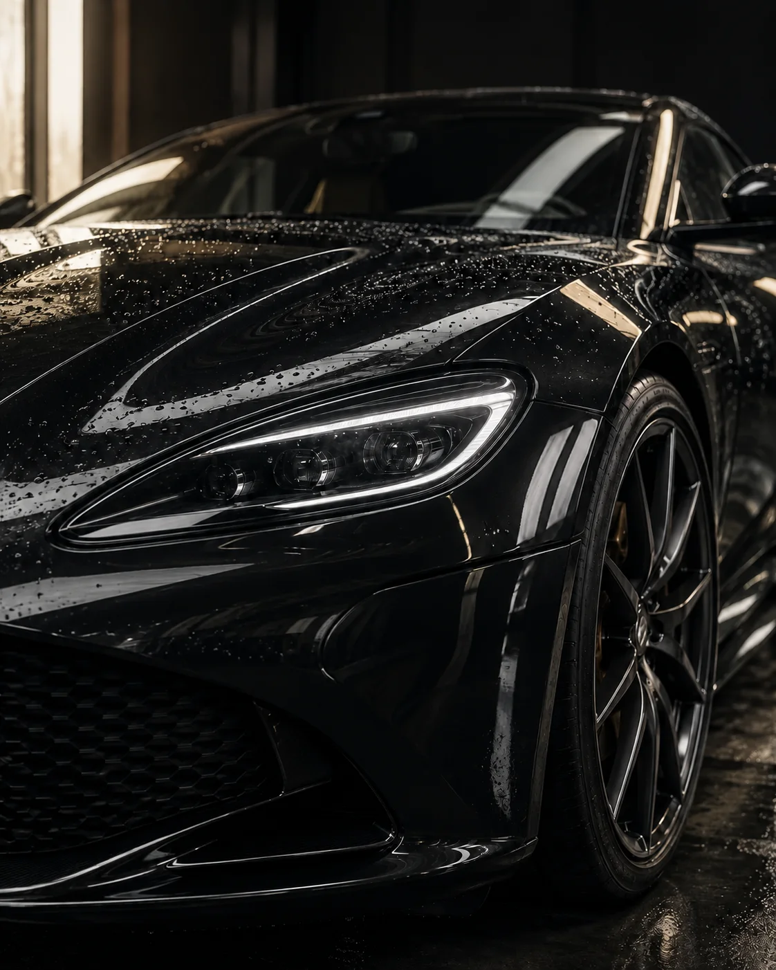 Silver reflections and water beading on a polished charcoal sports car